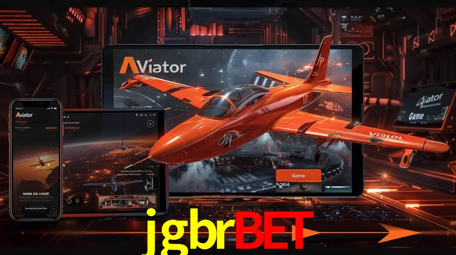 Apresentação tecnológica do jogo Aviator com um avião saindo da tela de um tablet, demonstrando a experiência imersiva em múltiplos dispositivos no jgbrbet.