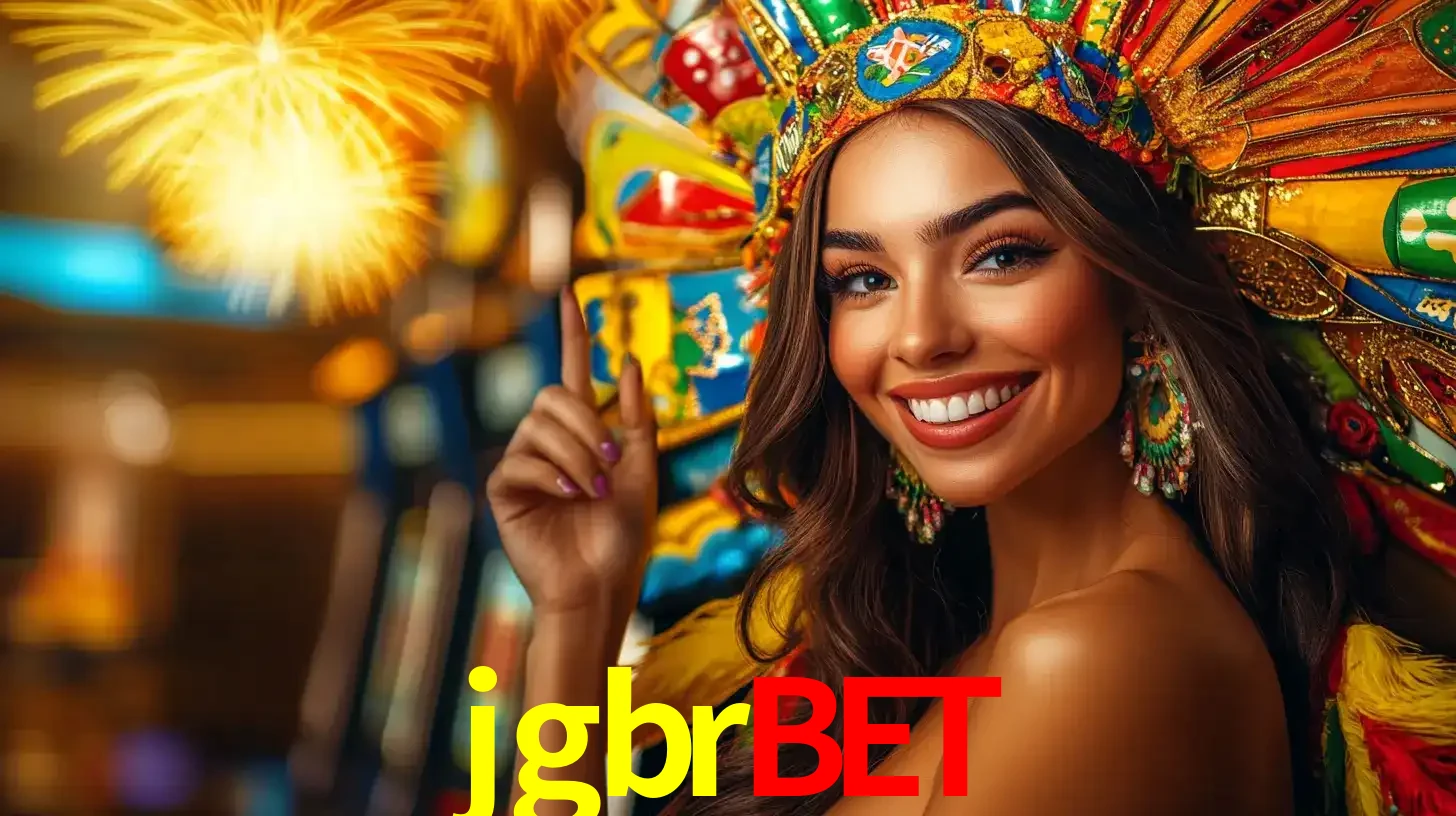 Mulher sorridente com um cocar de carnaval vibrante e colorido, celebrando uma grande vitória nos jogos do cassino jgbrbet com fogos de artifício ao fundo.