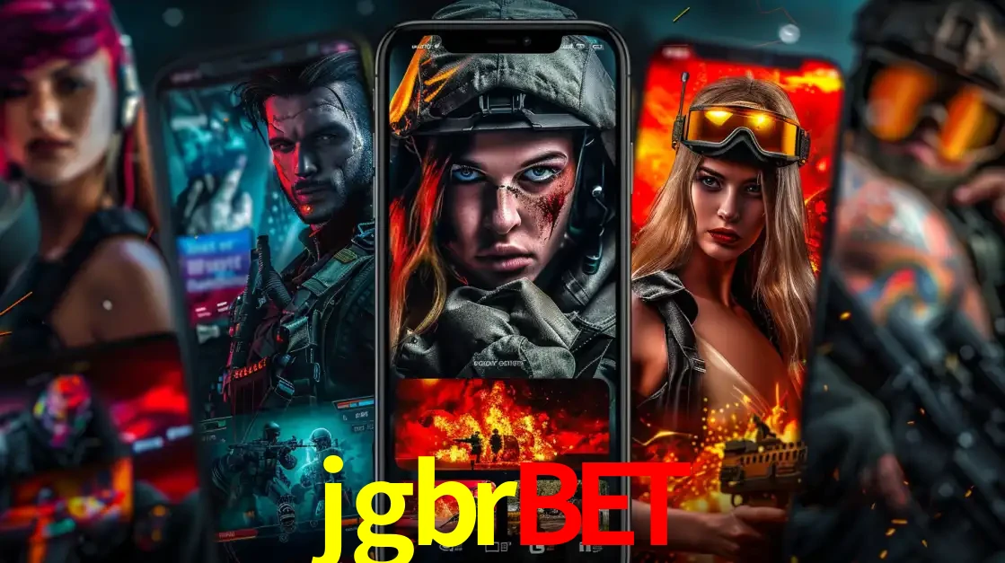 Montagem de telas de celular mostrando diversos personagens, masculinos e femininos, de um jogo de tiro, ilustrando a diversidade de equipes de e-sports para apostar no jgbrbet.