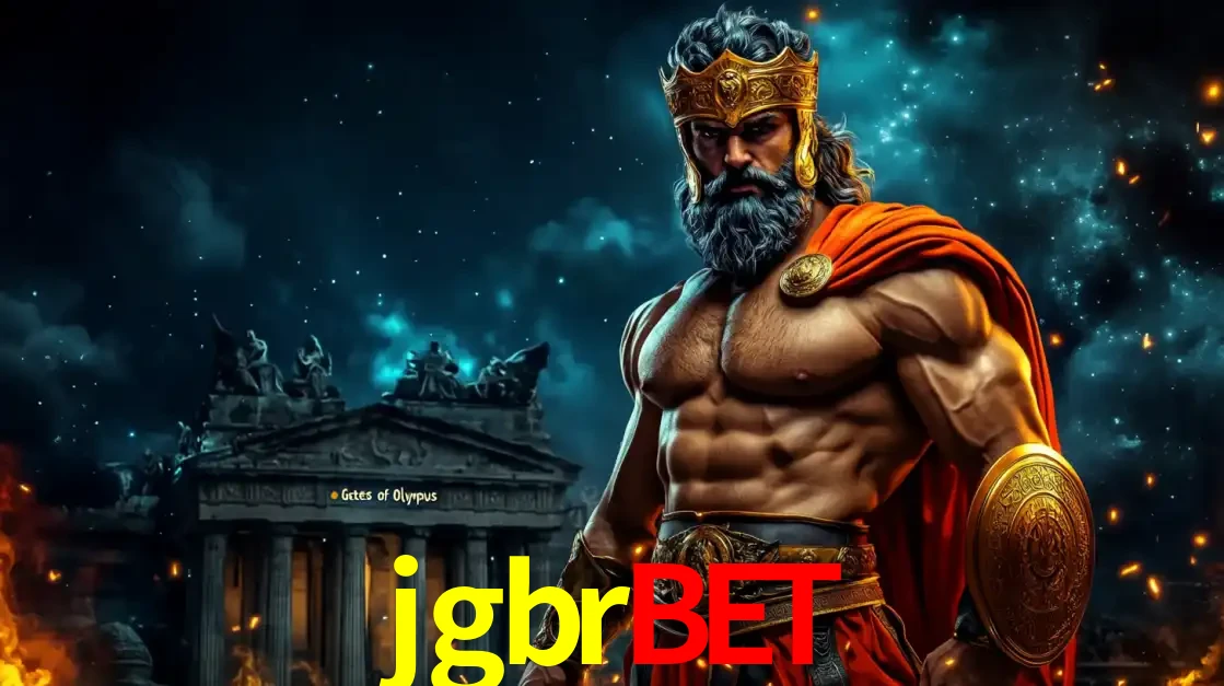 O poderoso Zeus do jogo de slot Gates of Olympus em frente ao seu templo, pronto para lançar multiplicadores divinos e prêmios épicos no cassino online jgbrbet.