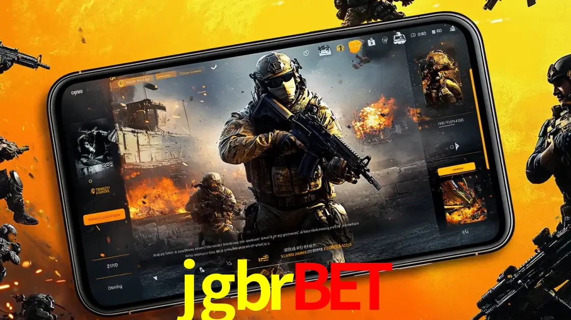 Um smartphone exibindo a interface de um jogo de tiro em primeira pessoa, com um soldado em um cenário de batalha, representando a ação dos e-sports para apostar no jgbrbet.