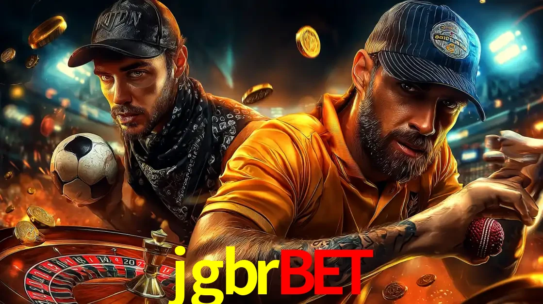 Montagem de apostas esportivas e cassino no jgbrbet, com um homem segurando uma bola de futebol e outro uma de beisebol sobre uma roleta e moedas voadoras.