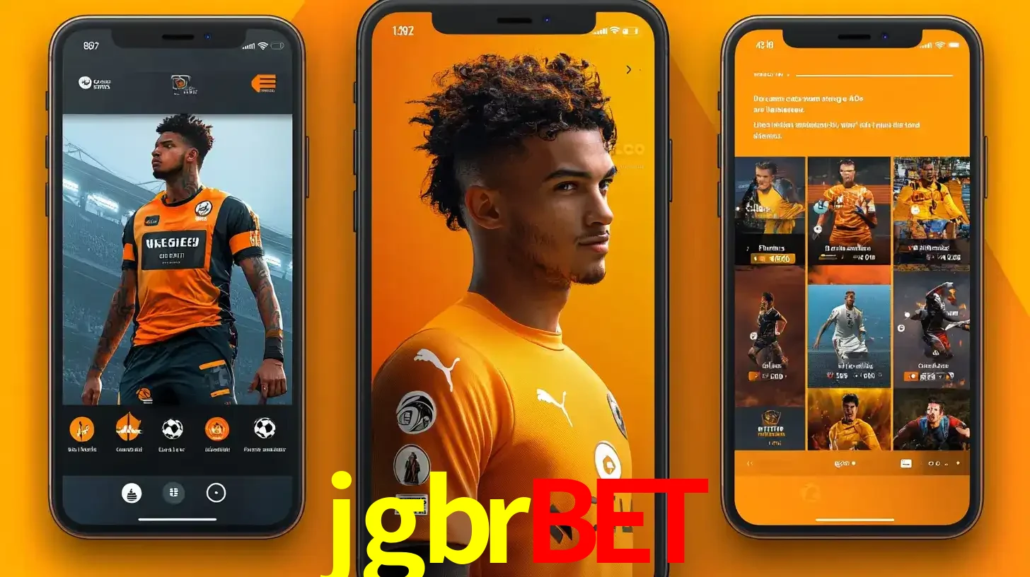 Interface do aplicativo de apostas esportivas jgbrbet em três telas de celular, mostrando o perfil de um jogador de futebol e a lista de jogos disponíveis para apostar.