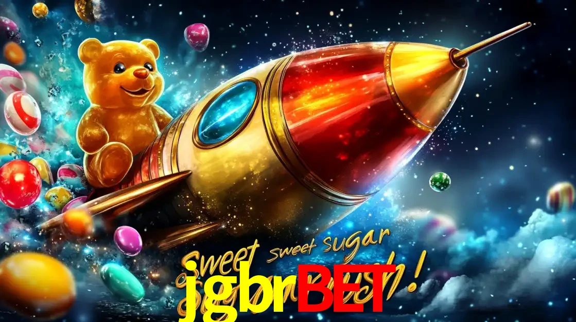 Arte promocional do jogo de slot Sugar Rush, com um urso de pelúcia em um foguete viajando pelo espaço de doces, um dos jogos divertidos disponíveis no cassino jgbrbet.