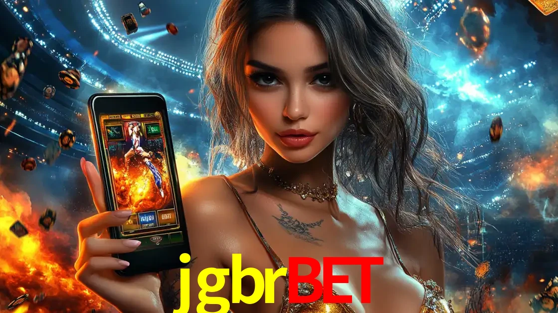 Mulher segurando um celular com um jogo de slot em destaque, tendo como fundo um estádio vibrante, simbolizando a emoção de jogar no cassino móvel jgbrbet.